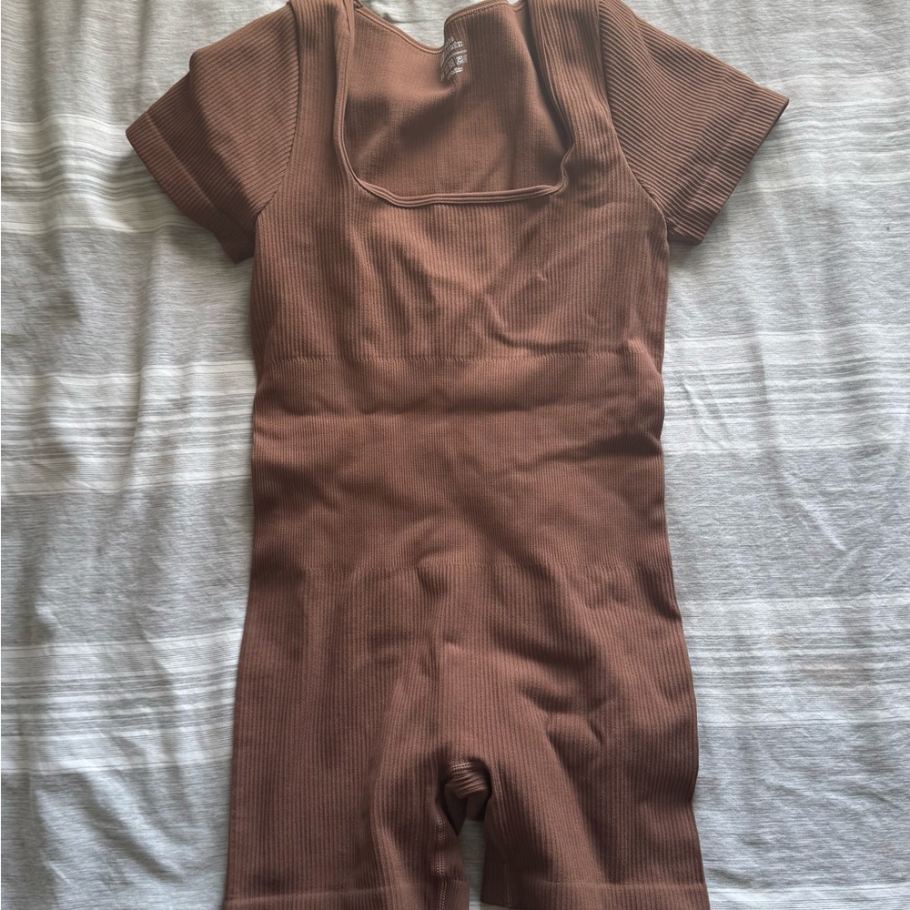 Ribbed Short One-Piece in Brown